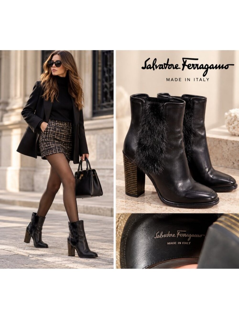 Salvatore Ferragamo Black Leather Genuine Mink Fur Ankle Boots Size 7B Italy